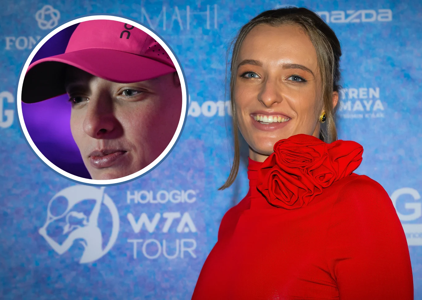 Kobieta w czerwonej sukience z dużym kwiatem na ramieniu uśmiecha się do kamery na tle niebieskiej ścianki z logotypami wydarzenia sportowego, w rogu widoczne powiększenie jej twarzy z innego momentu, gdzie nosi różową czapkę sportową.