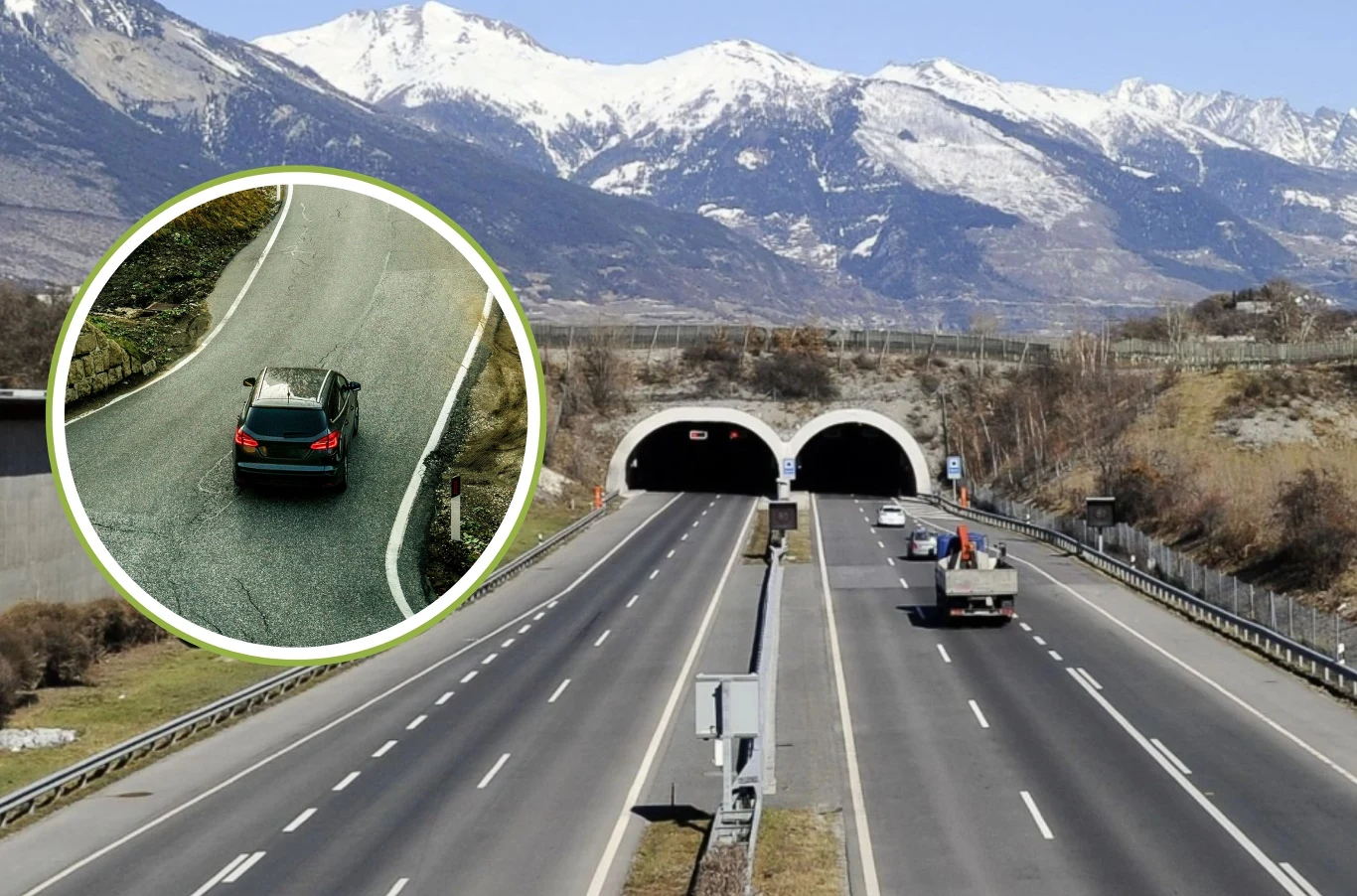 Czy nowa opłata tranzytowa ograniczy napływ turystów za kierownicą? Autostrada prowadząca do dwóch tuneli w górach z widokiem na majestatyczne szczyty pokryte śniegiem, na drodze kilka pojazdów, w lewym górnym rogu widoczne powiększenie z samochodem skręcającym na górskiej trasie.