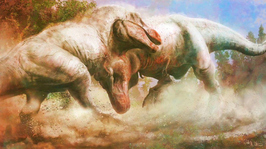 Dwa duże mięsożerne dinozaury walczą ze sobą, unosząc wokół siebie tumany kurzu, ich ciała są masywne, a walka wygląda na brutalną, wokół nich widoczne są drzewa i roślinność.
