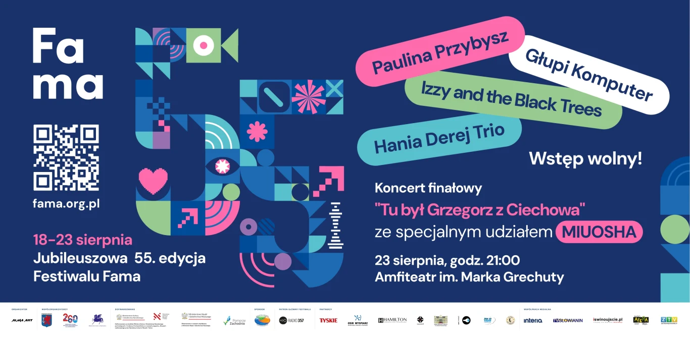 Festiwal Fama 2025 Kolorowy plakat zapowiadający jubileuszową edycję Festiwalu Fama, zawierający terminy wydarzenia, nazwiska artystów, informacje o koncercie finałowym oraz lokalizacji w Amfiteatrze im. Marka Grechuty. Na plakacie graficzne motywy i logotypy partnerów.