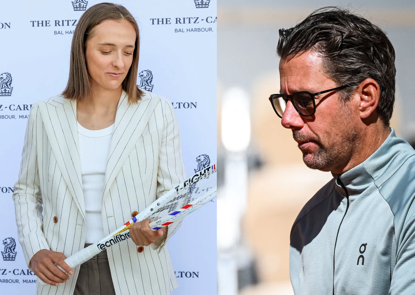 Po lewej kobieta w marynarce i białej bluzce trzymająca rakietę tenisową z napisem Tecnifibre, w tle logo hotelu Ritz-Carlton; po prawej mężczyzna w okularach przeciwsłonecznych i sportowej bluzie, patrzący w bok, na neutralnym tle.