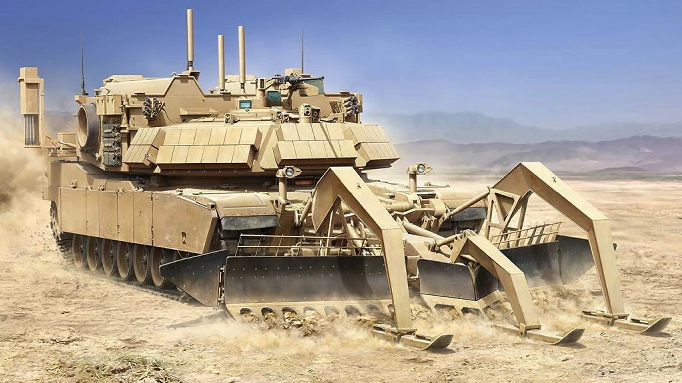 Polska armia może wzbogacić się o 25 specjalistycznych pojazdów saperskich M1150 Assault Breacher Vehicle Ciężki pojazd gąsienicowy z masywną pancerzem, wyposażony w specjalistyczne ramiona i narzędzia do rozminowywania terenu, poruszający się po pustynnym, piaszczystym obszarze.