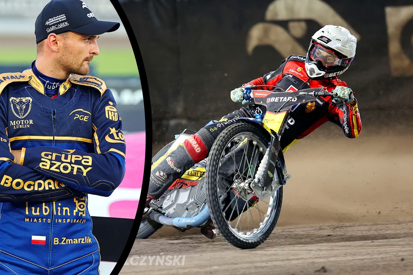Zawodnik żużlowy w pełnym stroju oraz kasku prowadzi motocykl na łuku toru żużlowego, obok zbliżenie na inną osobę w kombinezonie sportowym z logotypami sponsorów.