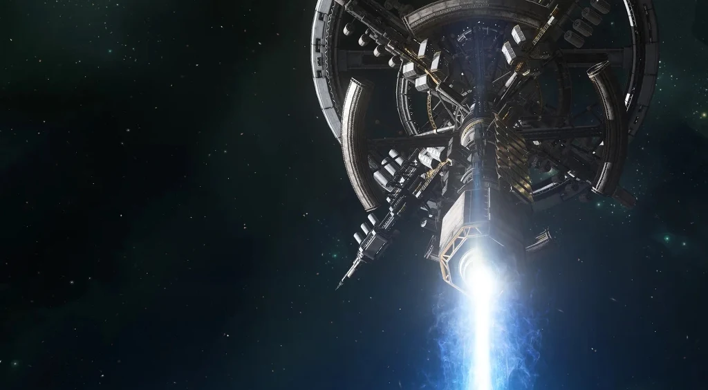 Star Citizen Wielka futurystyczna stacja kosmiczna dryfuje w przestrzeni kosmicznej, z jej centrum wydobywa się jasny strumień światła lub energia, na tle ciemnych gwiazd i pustki kosmosu.