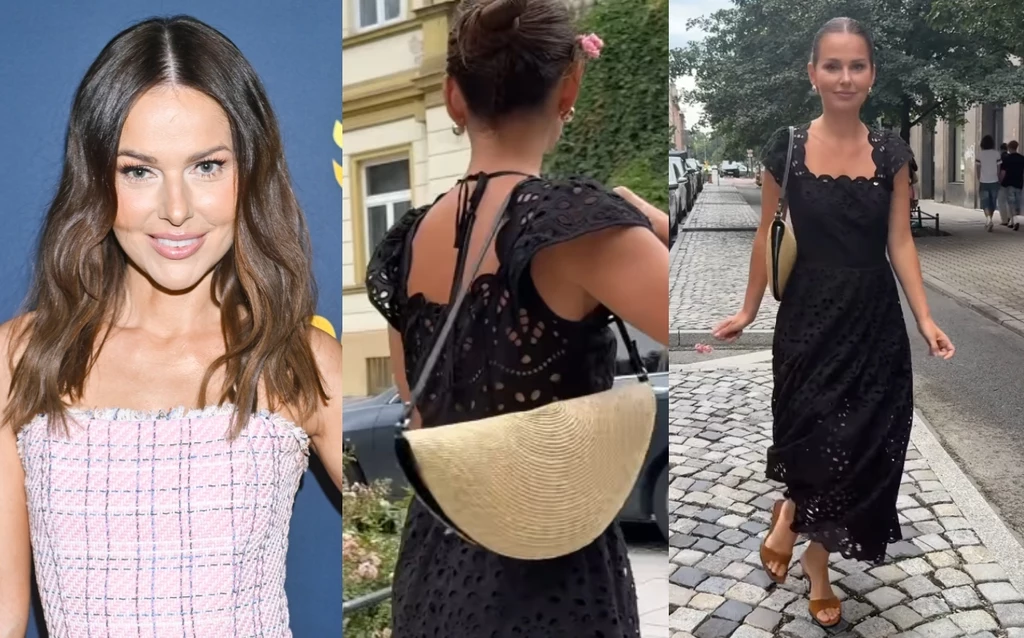 Do czarnej, ażurowej sukienki Paulina dobrała minimalistyczną plecioną torebkę