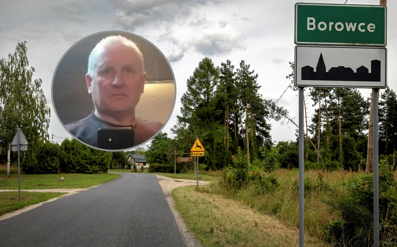 Sprawa Jacka Jaworka. Rodzina domaga się odpowiedzi od Teresy D. Droga prowadząca przez tereny wiejskie z widocznym znakiem informującym o początku miejscowości Borowce, w tle las oraz oznakowanie drogowe, na którym wstawiono okrągły portret mężczyzny o poważnym wyrazie twarzy.