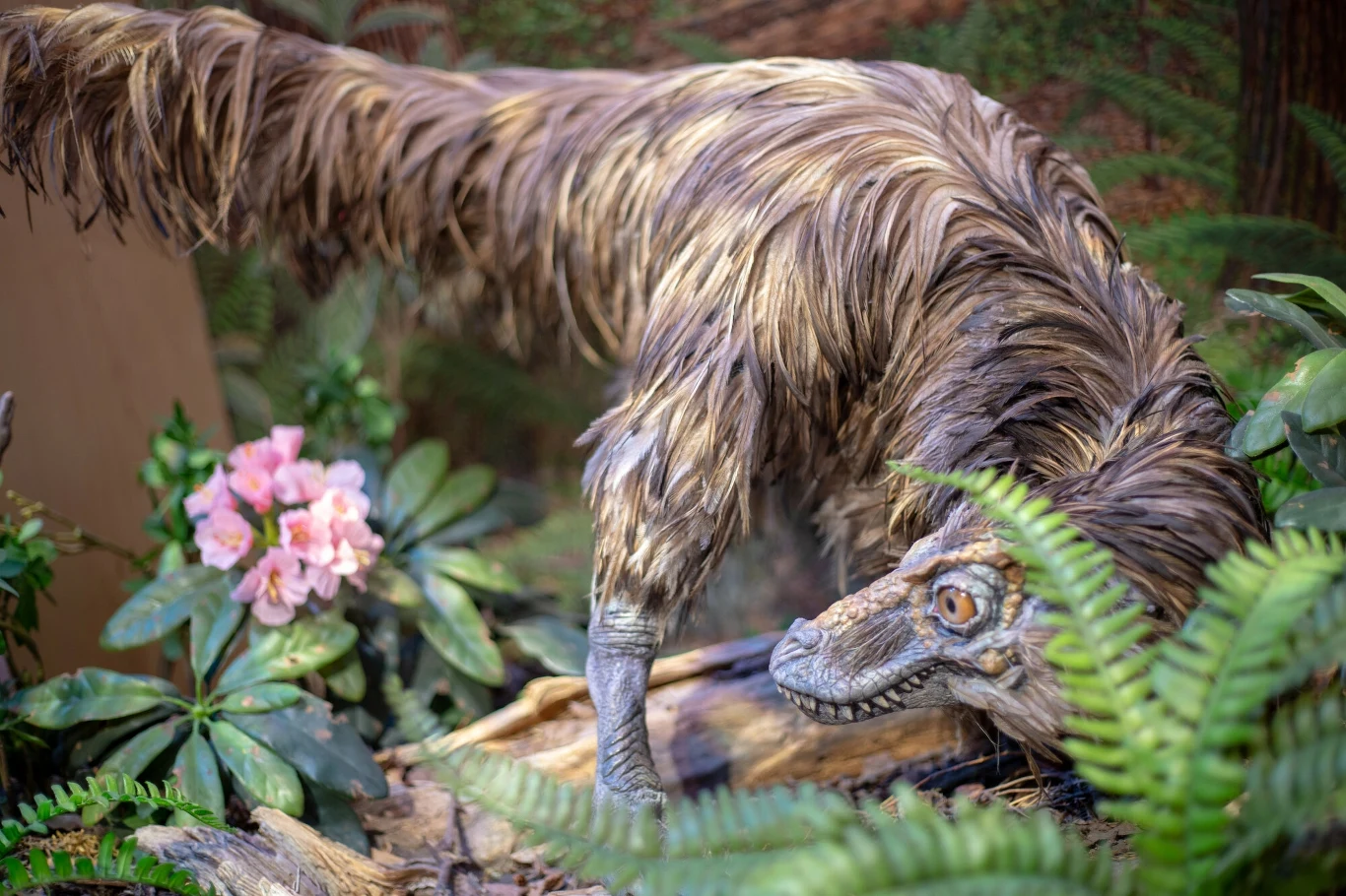 Model niewielkiego dinozaura pokrytego pierzastą okrywą, pochylającego się nad ziemią w gęstej, zielonej roślinności z widocznymi różowymi kwiatami.