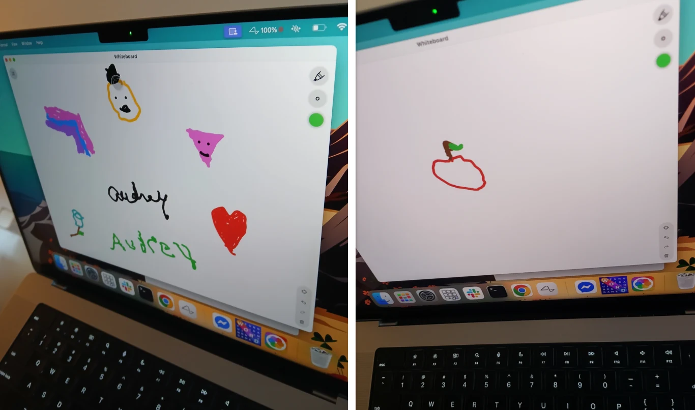 Sparaliżowana kobieta z chipem Neuralink pisze i rysuje myślami Ekran laptopa z otwartą aplikacją do rysowania, gdzie widoczne są kolorowe rysunki wykonane cyfrowo, m.in. serce, twarz, napis; na drugim ekranie pojedynczy rysunek jabłka z liściem.