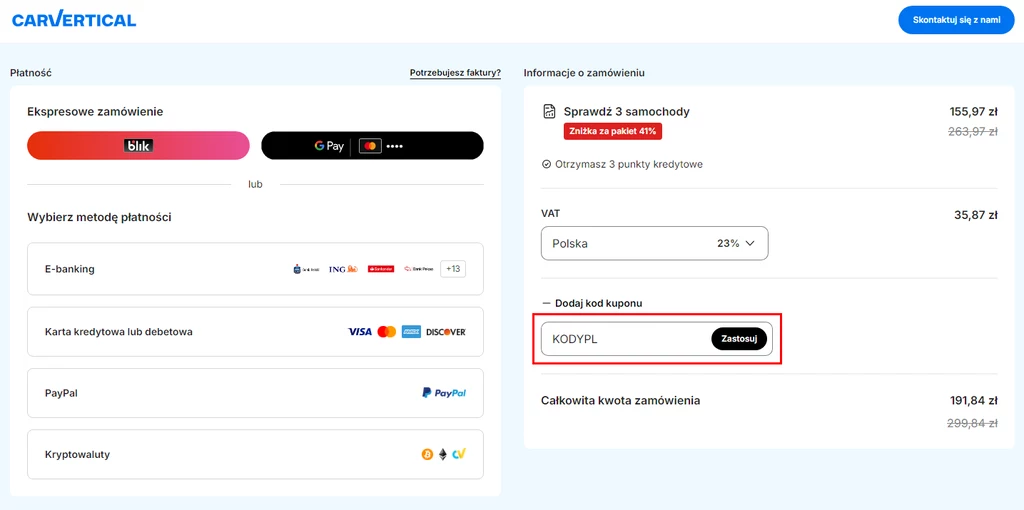 Kod rabatowy CarVertical Panel płatności za zamówienie online z wyborem różnych metod płatności, sekcja na wpisanie kodu promocyjnego, szczegóły dotyczące zamówienia, kraju rozliczenia oraz podsumowanie kosztów.