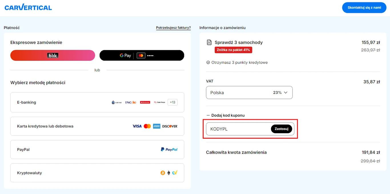 Panel płatności za zamówienie online z wyborem różnych metod płatności, sekcja na wpisanie kodu promocyjnego, szczegóły dotyczące zamówienia, kraju rozliczenia oraz podsumowanie kosztów.