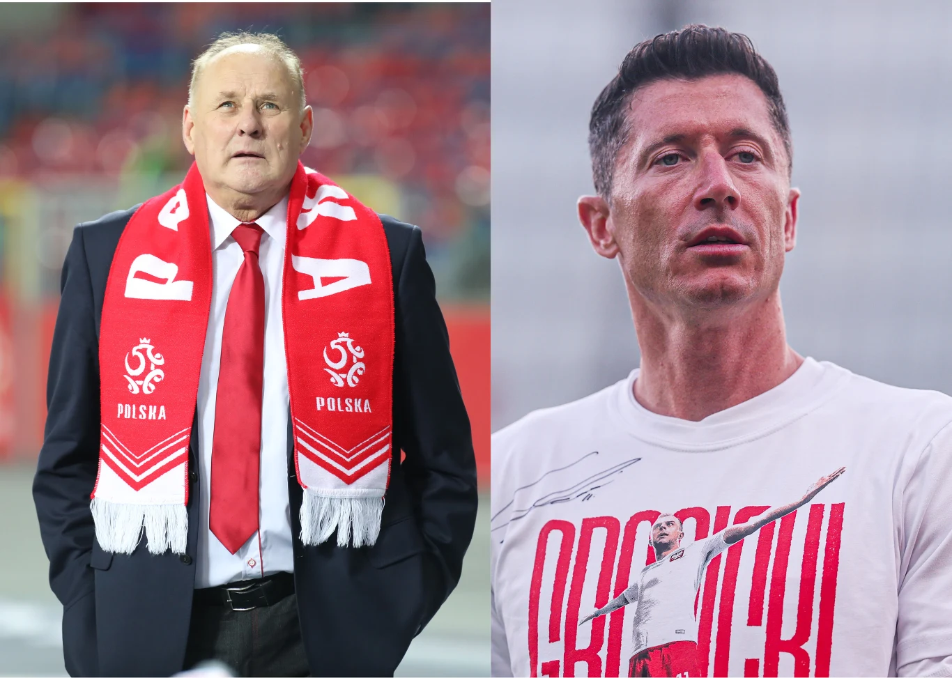 Jan Tomaszewski i Robert Lewandowski Starszy mężczyzna w garniturze i czerwonym szaliku kibica Polski oraz młody mężczyzna w białej koszulce z nadrukiem, obaj na stadionie sportowym.