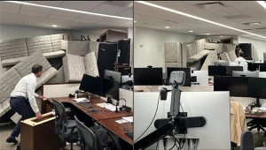 Napastnik wdarł się do biura. Pracownicy zadziałali natychmiast. Są zdjęcia