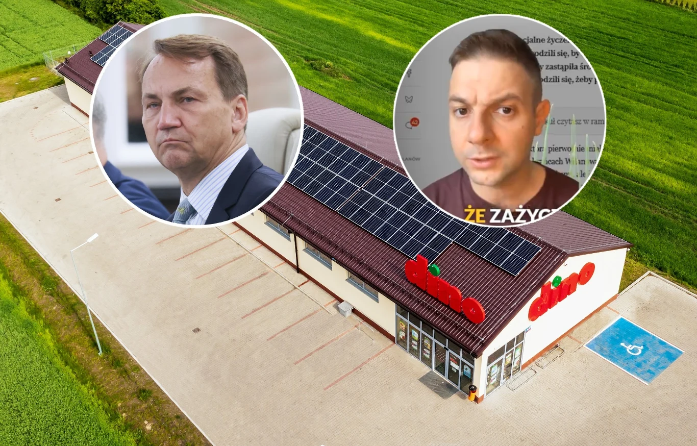 Mieszkańcy Wilanowa nie chcą sklepu Dino w swojej dzielnicy Budynek supermarketu Dino z panelami fotowoltaicznymi na dachu, otoczony zielonymi polami, na parkingu widoczne miejsce dla osób niepełnosprawnych, w lewym górnym rogu dwa wyodrębnione portrety mężczyzn.