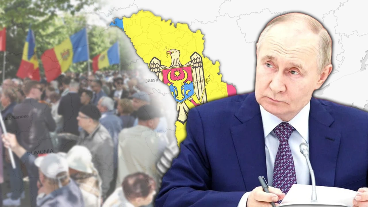 Kreml angażuje się w wybory w Mołdawii Prezydent Władimir Putin na pierwszym planie podczas oficjalnego wystąpienia, w tle widoczna mapa Mołdawii w kolorach flagi państwowej oraz tłum ludzi z mołdawskimi flagami.