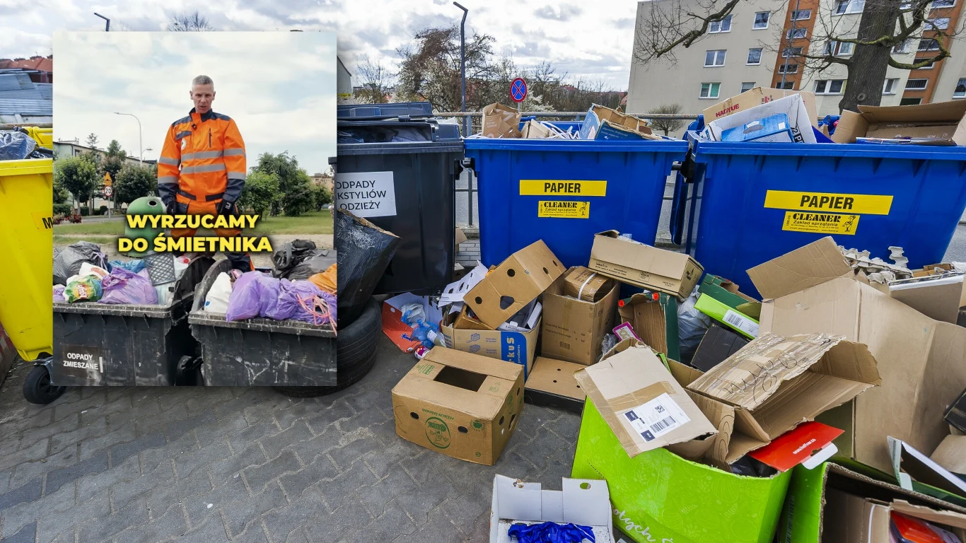 Burmistrz Kleczewa pokazał mieszkańcom, dlaczego segregacja śmieci się opłaca Pojemniki na papier i makulaturę przepełnione oraz otoczone wieloma kartonami i odpadami papierowymi, obok widoczny portret pracownika służb sanitarnych w stroju roboczym, napis: 'Wyrzucamy do śmietnika'. W tle blok mieszkalny i drzewa.
