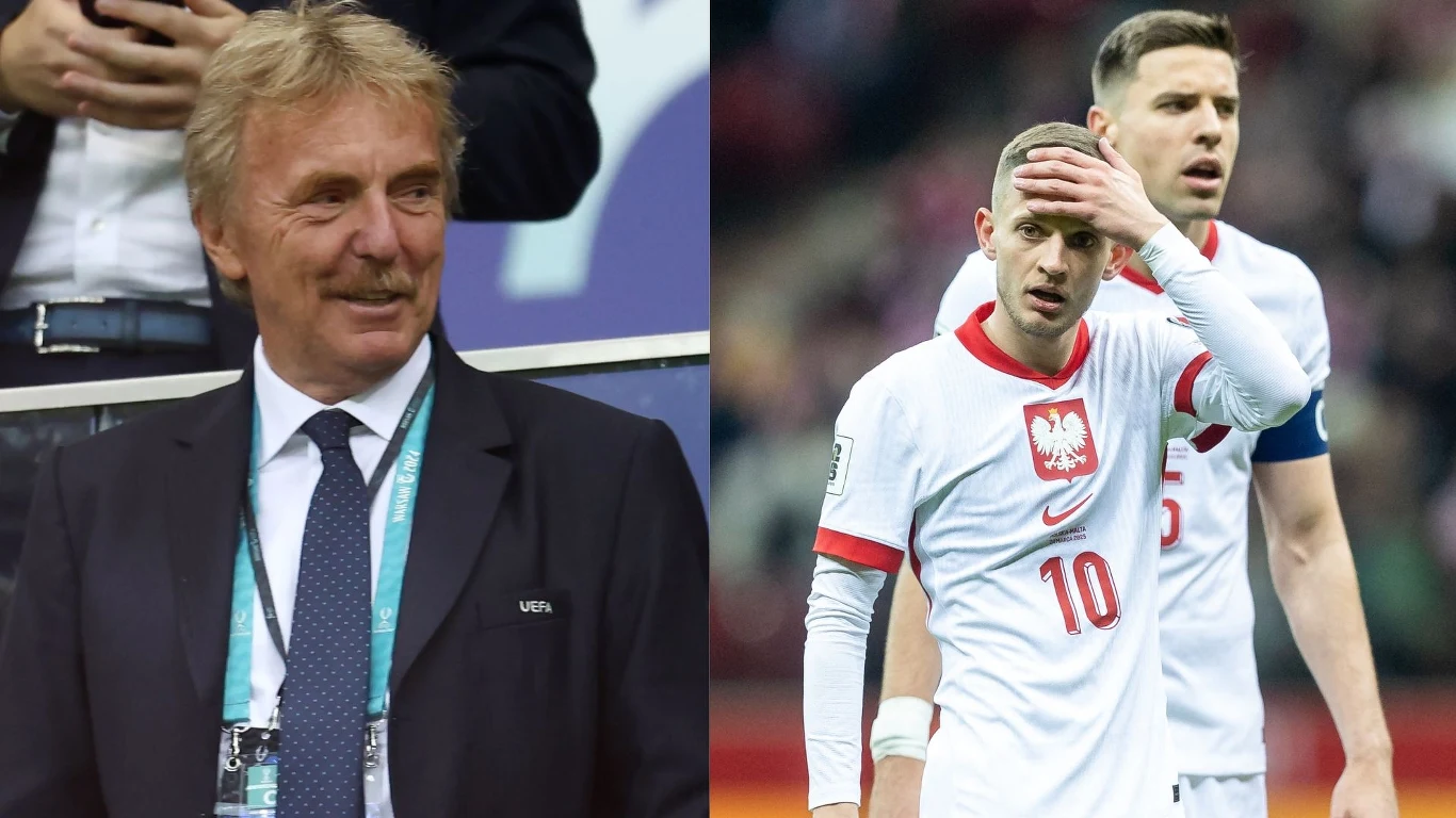 Zbigniew Boniek, Jan Bednarek i Sebastian Szymański Po lewej stronie mężczyzna w garniturze z identyfikatorem, w tle trybuny stadionu; po prawej dwóch piłkarzy w strojach reprezentacji Polski, jeden z nich dotyka czoła wyrażając niezadowolenie.