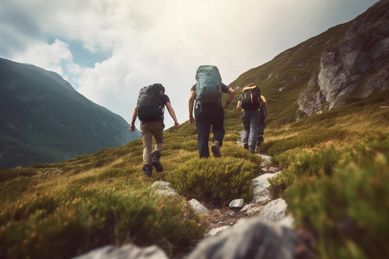 Trzy osoby w plecakach trekkingowych wspinają się pod górę górskim szlakiem otoczonym zielonymi krzewami i skałami, wokół widoczne są strome zbocza i naturalny krajobraz.