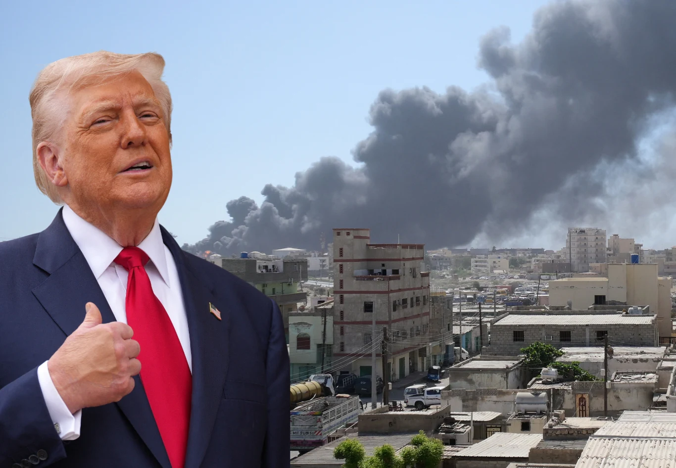 Chce zaprowadzić pokój w ogarniętym wojną Sudanie. O nowym pomyśle Donalda Trumpa donoszą media Donald Trump w garniturze i czerwonym krawacie znajduje się na pierwszym planie, w tle widoczne miasto, nad którym unosi się gęsty czarny dym, sugerujący zamieszki lub konflikt.