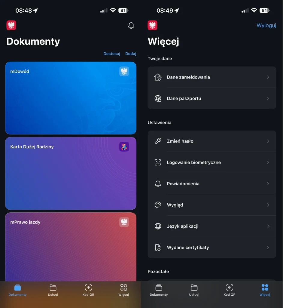 mObywatel dostał duże zmiany w interfejsie i ciemny motyw. Ekran aplikacji mobilnej z dwoma zakładkami, po lewej stronie widoczne cyfrowe dokumenty takie jak mDowód, Karta Dużej Rodziny oraz mPrawo jazdy, po prawej stronie sekcja ustawień z opcjami personalizacji, bezpieczeństwa oraz informacjami o danych użyt...