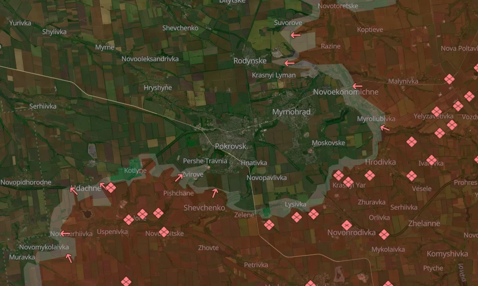 Sytuacja w rejonie Pokrowska w Ukrainie Mapa strategiczna przedstawiająca położenie miejscowości, granice stref kontrolowanych przez różne strony oraz oznaczenia ruchów wojsk, skupiająca się na okolicach Pokrowska i Myrnohradu.