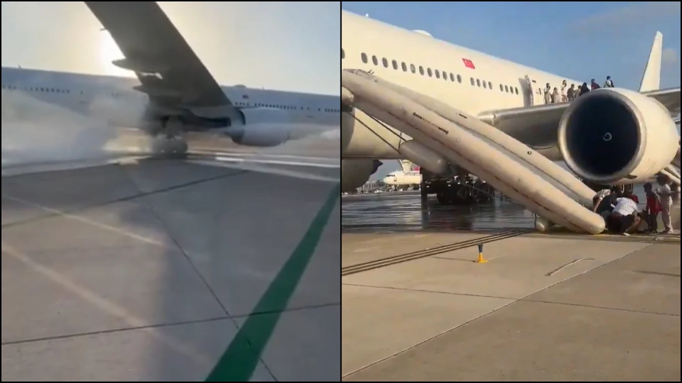 Antalya. Ewakuacja Boeinga 777-300 na tureckim lotnisku Samolot pasażerski z rozłożonymi zjeżdżalniami awaryjnymi, z jednej strony widoczny dym wydobywający się z okolicy skrzydła, a z drugiej strony grupy ludzi ewakuujących się po zjeżdżalni na płytę lotniska.