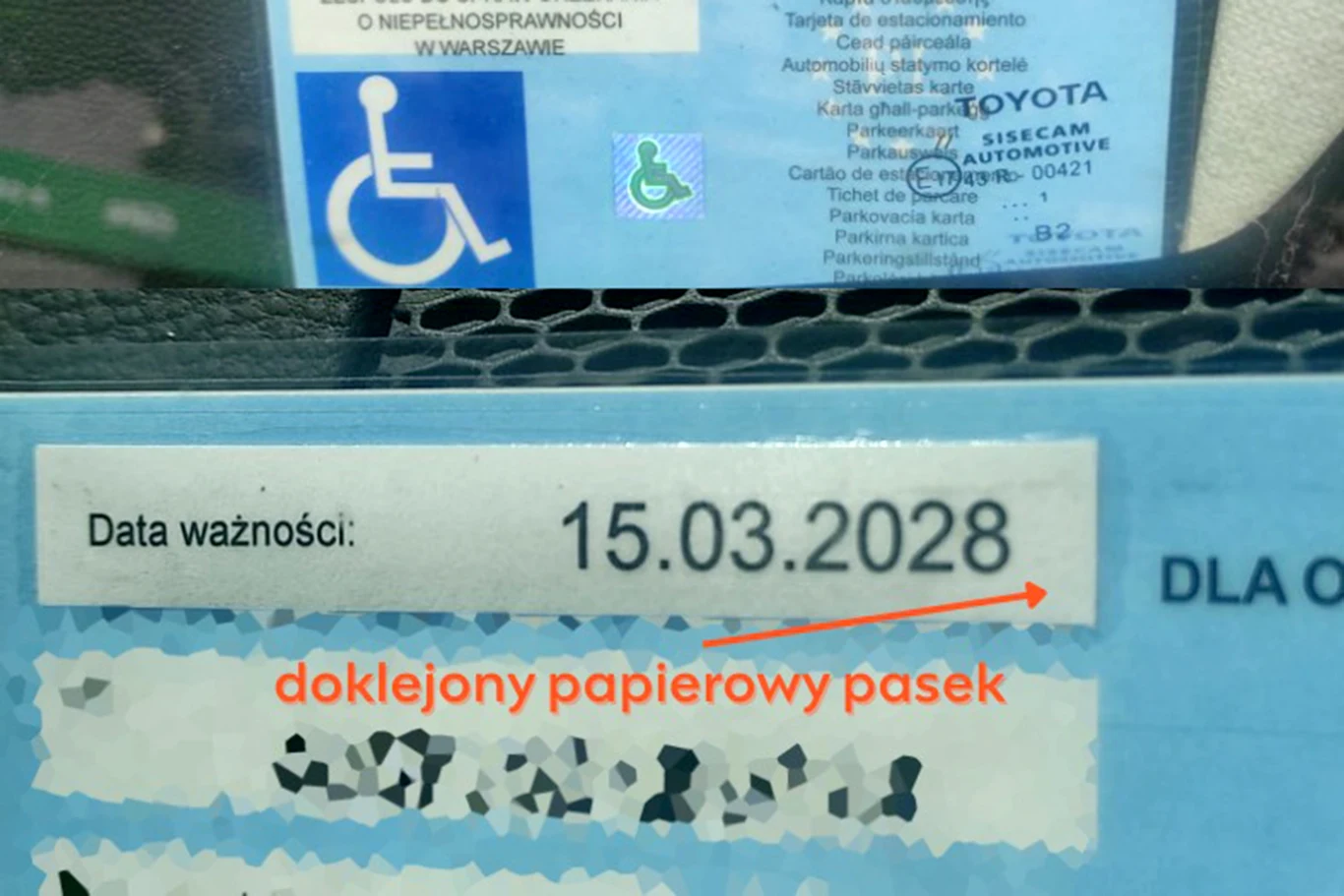 Jak rozpoznać podrobioną kartę parkingową? Fot. Zarząd Dróg Miejskich Warszawa @Facebook Fragment karty parkingowej dla osób z niepełnosprawnością oraz widoczna data ważności 15.03.2028; dodatkowo zaznaczony doklejony papierowy pasek opisany czerwoną strzałką.