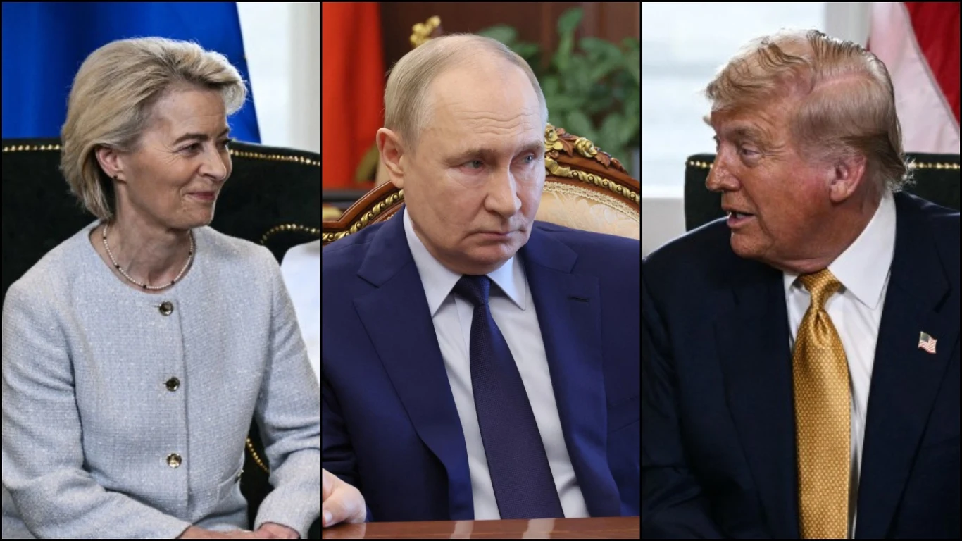 Umowa handlowa wywołała poruszenie w UE. Rosja na tym korzysta Trzy osoby publiczne siedzące na tle flag i oficjalnych wnętrz, każda na osobnej części zdjęcia, ubrane w eleganckie stroje, wyglądają na skoncentrowanych podczas rozmowy czy spotkania.