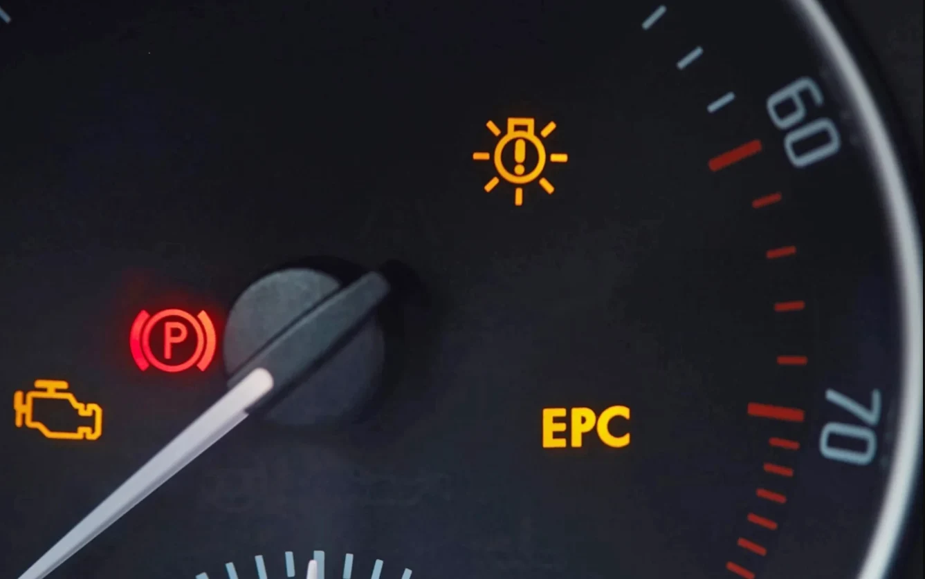 Co oznacza kontrolka EPC? Fragment tablicy rozdzielczej samochodu z wyraźnie widocznymi kontrolkami ostrzegawczymi, w tym kontrolek silnika, systemu EPC oraz hamulca ręcznego, a także wskaźnikiem prędkości do 80 km/h.