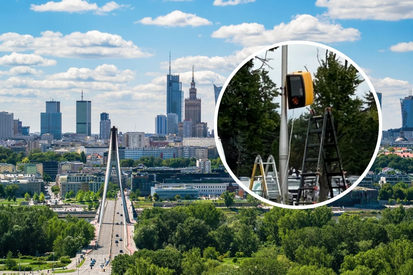 Fotoradar wrócił na Aleje Jerozolimskie. GITD czeka na monitoring Panorama Warszawy z widocznymi nowoczesnymi wieżowcami oraz mostem Świętokrzyskim w centrum kadru, w powiększeniu pokazany montaż urządzenia technicznego przy ulicy w otoczeniu zieleni.