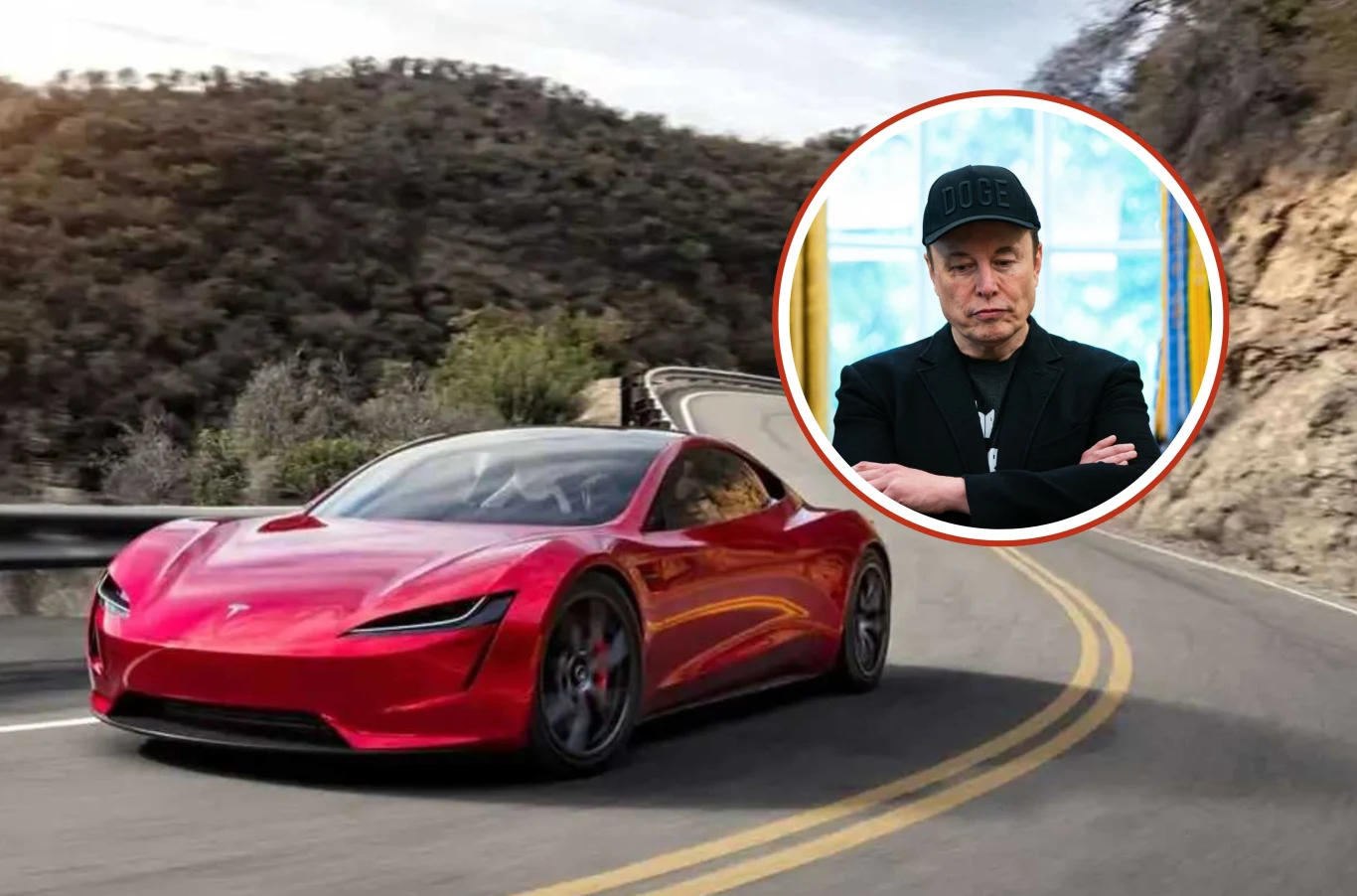 Tesla Roadster 2.0 – co wiemy o opóźnionym supersamochodzie Elona Muska? Nowoczesny, czerwony samochód sportowy marki Tesla jadący po krętej górskiej drodze, w rogu okrągłe wstawienie ze zdjęciem mężczyzny ubranego na czarno i w czapce z napisem "judge" na tle jasnego wnętrza.