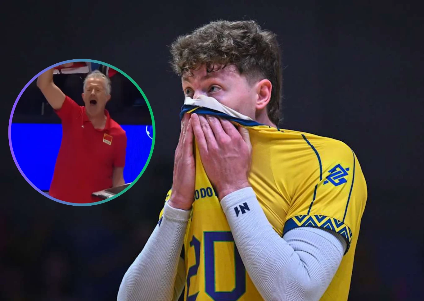 Liga Narodów siatkarzy. Chińczycy prowadzeni przez Vitala Heynena napsuli sporo krwi Brazylii. Na zdjęciu przyjmujący Lukas Bergmann Siatkarz w żółtym stroju przykłada koszulkę do twarzy, wyrażając silne emocje, w tle w okrągłym kadrze drugi mężczyzna w czerwonej koszulce gestykuluje energicznie.