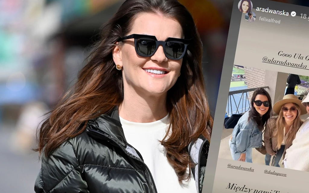 Agnieszka Radwańska pokazała się u boku Dody /https://www.instagram.com/aradwanska/ Kobieta w ciemnych okularach przeciwsłonecznych oraz czarnej kurtce, uśmiecha się stojąc na miejskiej ulicy; po prawej stronie widoczne jest zdjęcie z Instagrama przedstawiające dwie inne uśmiechnięte kobiety w wiosennych stylizacjach.