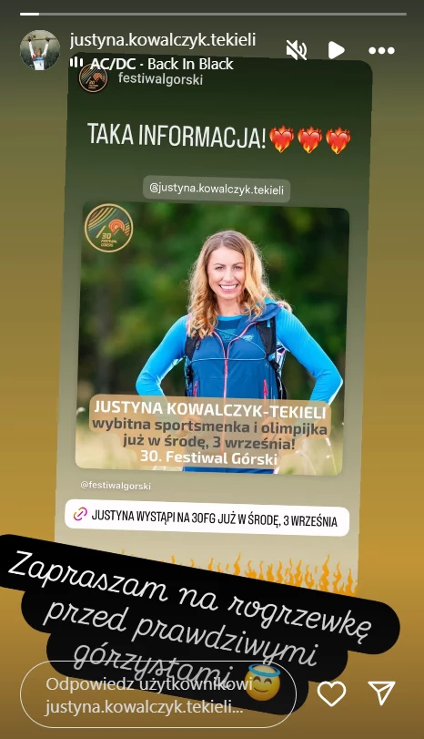 Uśmiechnięta kobieta ubrana w niebieską bluzę sportową z plecakiem stoi na tle zieleni, centralnie umieszczona w grafice promującej jej występ na Festiwalu Górskim, poniżej tekst z informacją o wydarzeniu.