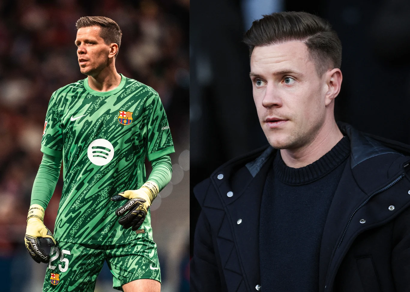 Na zdjęciu bramkarze FC Barcelona: Wojciech Szczęsny oraz Marc-Andre ter Stegen Dwa portrety mężczyzn z krótkimi, zaczesanymi na bok włosami, po lewej bramkarz w zielonym stroju sportowym z rękawicami na boisku, po prawej mężczyzna w ciemnej kurtce, patrzący w bok.