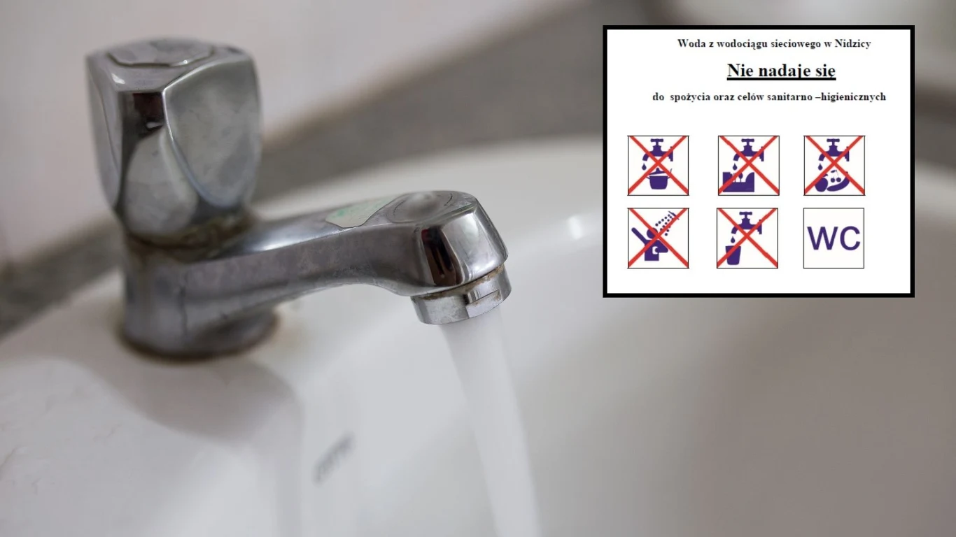 Skażona woda w warmińsko-mazurskim. Wydano alarm sanitarny Otwarte pokrętło kranu z bieżącą wodą, obok tabliczka informująca o zakazie używania wody do picia, gotowania i celów sanitarnych, poza spłukiwaniem toalety.