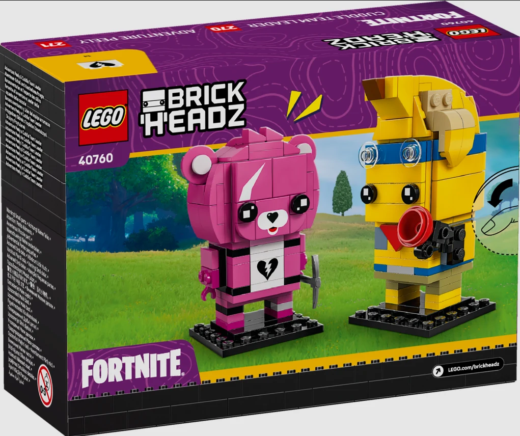 Kolorowe pudełko LEGO BrickHeadz z serii Fortnite, na którym widoczne są zbudowane postacie Cuddle Team Leader i Peely ustawione na tle zielonego krajobrazu.