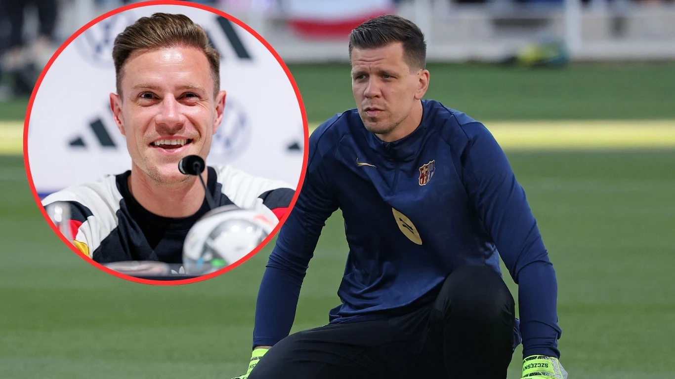 Wojciech Szczęsny i Marc-Andre ter Stegen Dwóch mężczyzn będących piłkarzami, jeden siedzi w stroju bramkarza na boisku podczas treningu, drugi uśmiecha się podczas konferencji prasowej, widoczny w okrągłym wycinku zdjęcia.
