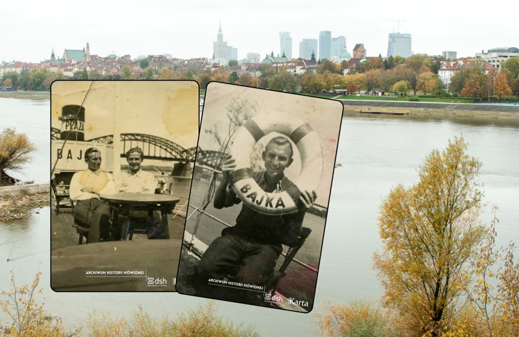 "Bajka" w międzywojniu była symbolem elegancji i luksusu. Podczas Powstania Warszawskiego przyjęła inną rolą. Zdj. ilustracyjne. Dwie stare fotografie mężczyzn siedzących na pokładzie statku o nazwie Bajka na tle współczesnej panoramy miasta Warszawy widocznej zza rzeki Wisły, otoczonej jesiennymi drzewami.