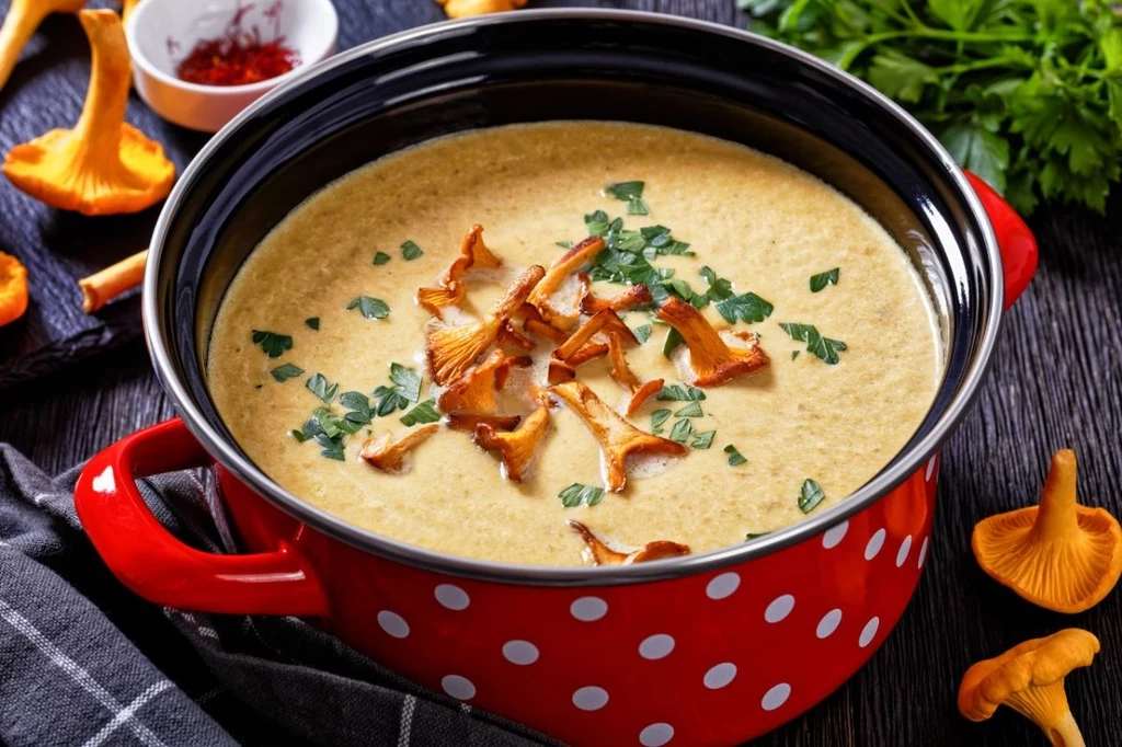 Najlepsza zupa kurkowa Kremowa zupa z kurkami podana w czerwonym garnku w białe kropki, udekorowana świeżą natką pietruszki i kawałkami smażonych kurek, obok świeże grzyby i zielona natka pietruszki na drewnianym stole.