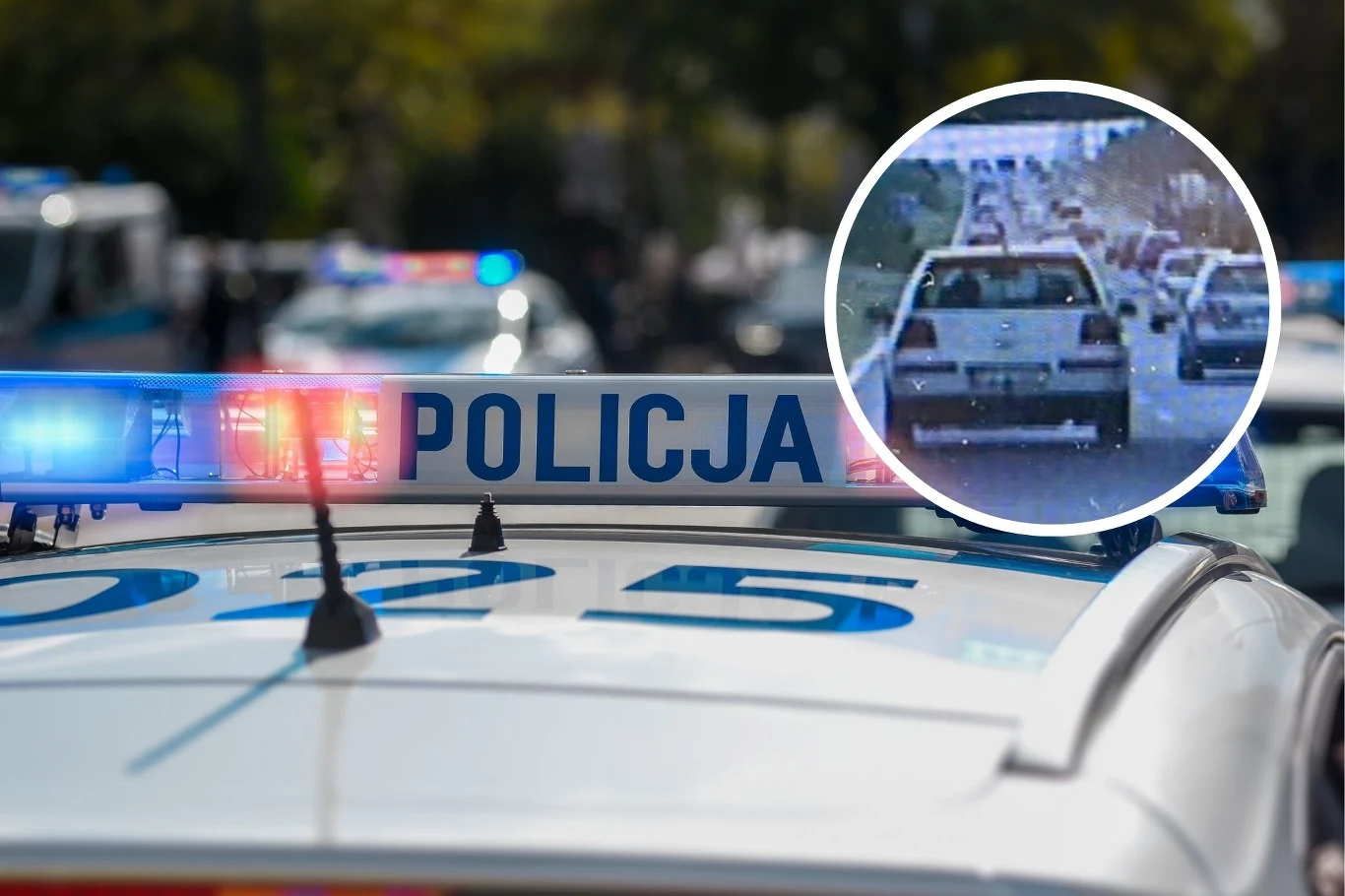 Kierujący Golfem przekroczył prędkość. Prawko miał od niedawna Radiowozy policyjne z włączonymi sygnałami świetlnymi na ulicy, na pierwszym planie widoczny napis 'Policja' na dachu pojazdu, w powiększeniu fragment kolumny radiowozów podczas akcji.