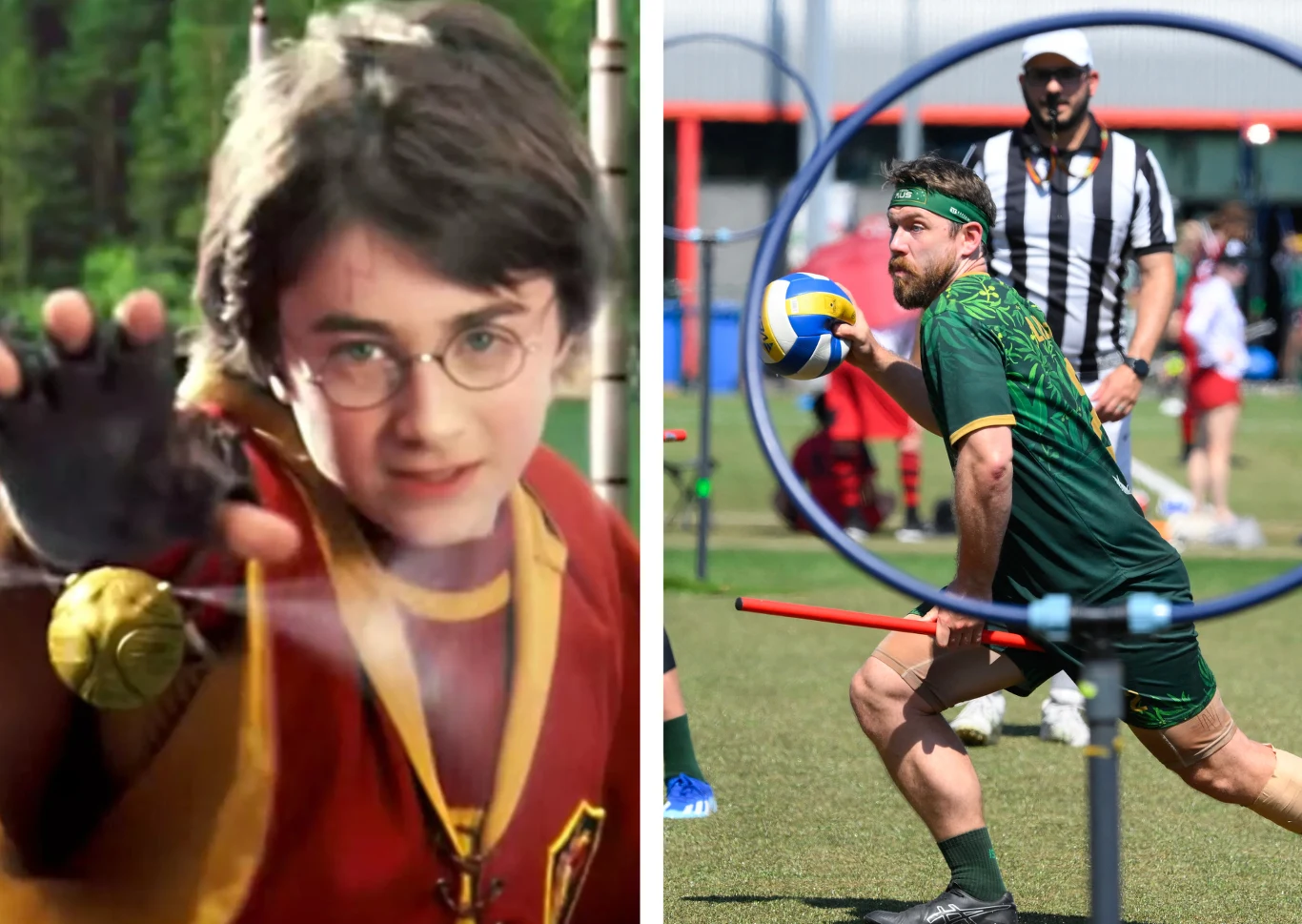 Znany z uniwersum Harry'ego Pottera quidditch dziś jest już realną dyscypliną sportową o nazwie quadball Po lewej stronie kadru młody chłopak w okularach i czerwonym stroju z żółtymi elementami trzyma złotą piłkę, po prawej stronie sportowiec w zielonym stroju z opaską na głowie podczas dynamicznej gry z piłką, obok niego sędzia i inne osoby na boisku.