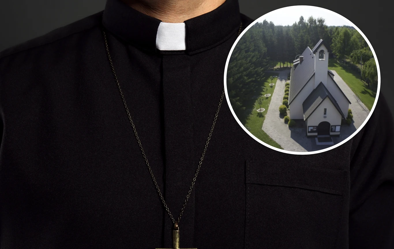 W parafii w Przypkach zmieniono proboszcza Kapłan w czarnej sutannie z koloratką oraz zawieszonym na szyi krzyżem, w okrągłym wstawionym kadrze widoczny biały kościół otoczony zielenią, sfotografowany z lotu ptaka.