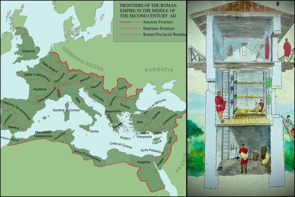 Przebieg Limes i przykładowy przekrój wieży strażniczej. Mapa granic Imperium Rzymskiego w II wieku n.e. po lewej stronie i przekrój wieży strażniczej z okresu rzymskiego po prawej stronie, z widocznymi żołnierzami oraz wyposażeniem wewnątrz wieży.