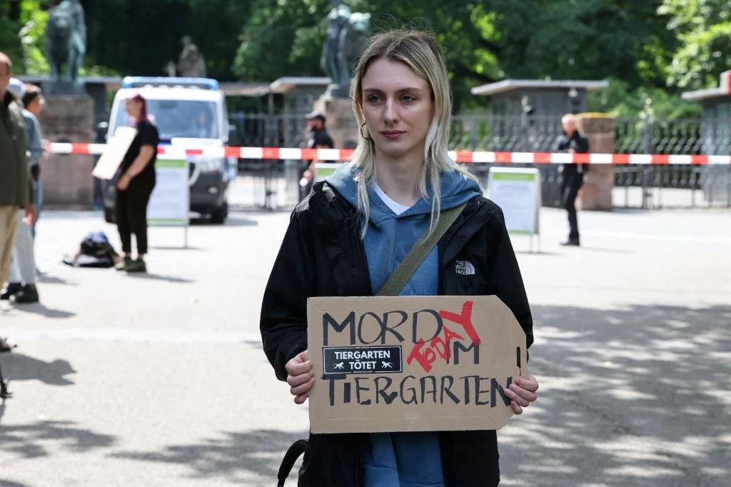 Decyzja o zabiciu pawianów spotkała się z wieloma protestami Młoda kobieta stoi na ulicy trzymając tekturowy transparent z napisem "Mord form Tiergarten", w tle widoczne są policyjne barierki oraz kilka osób, atmosfera sugeruje pokojowy protest w przestrzeni publicznej.