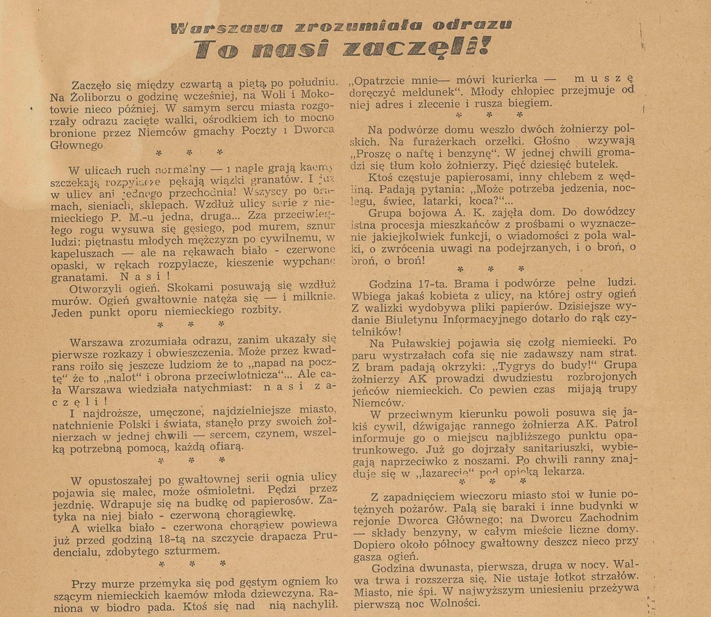 Artykuł na łamach "Biuletynu Informacyjnego" z 2 sierpnia 1944, opisujacy początek walk Powstania Artykuł prasowy opisujący początek powstania warszawskiego, ze szczegółowym opisem wydarzeń na różnych dzielnicach miasta oraz reakcję mieszkańców.