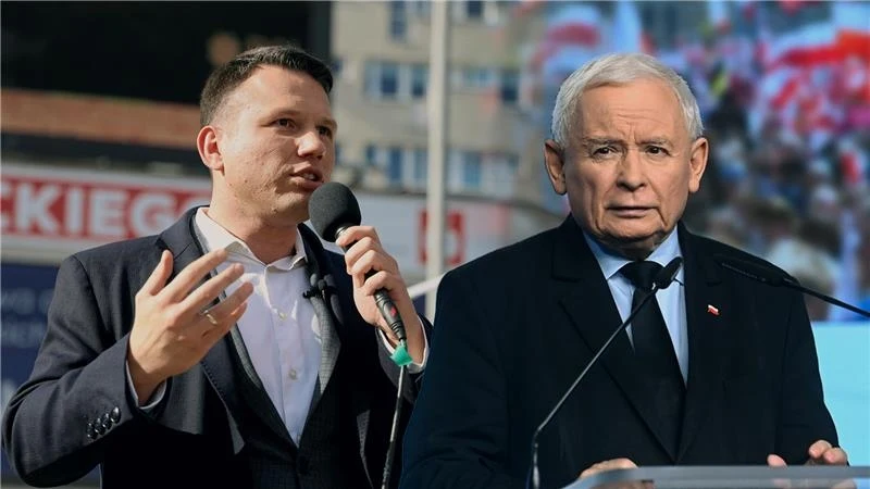 Sławomir Mentzen i Jarosław Kaczyński, kolaż: Aleksandra Włodarczyk, zdj. źródłowe: Cezary Aszkielowicz / Agencja Wyborcza.pl, PAP/Piotr Nowak Dwóch mężczyzn występujących na scenie podczas wydarzenia politycznego, jeden z nich przemawia do mikrofonu, w tle widoczny tłum ludzi z flagami.