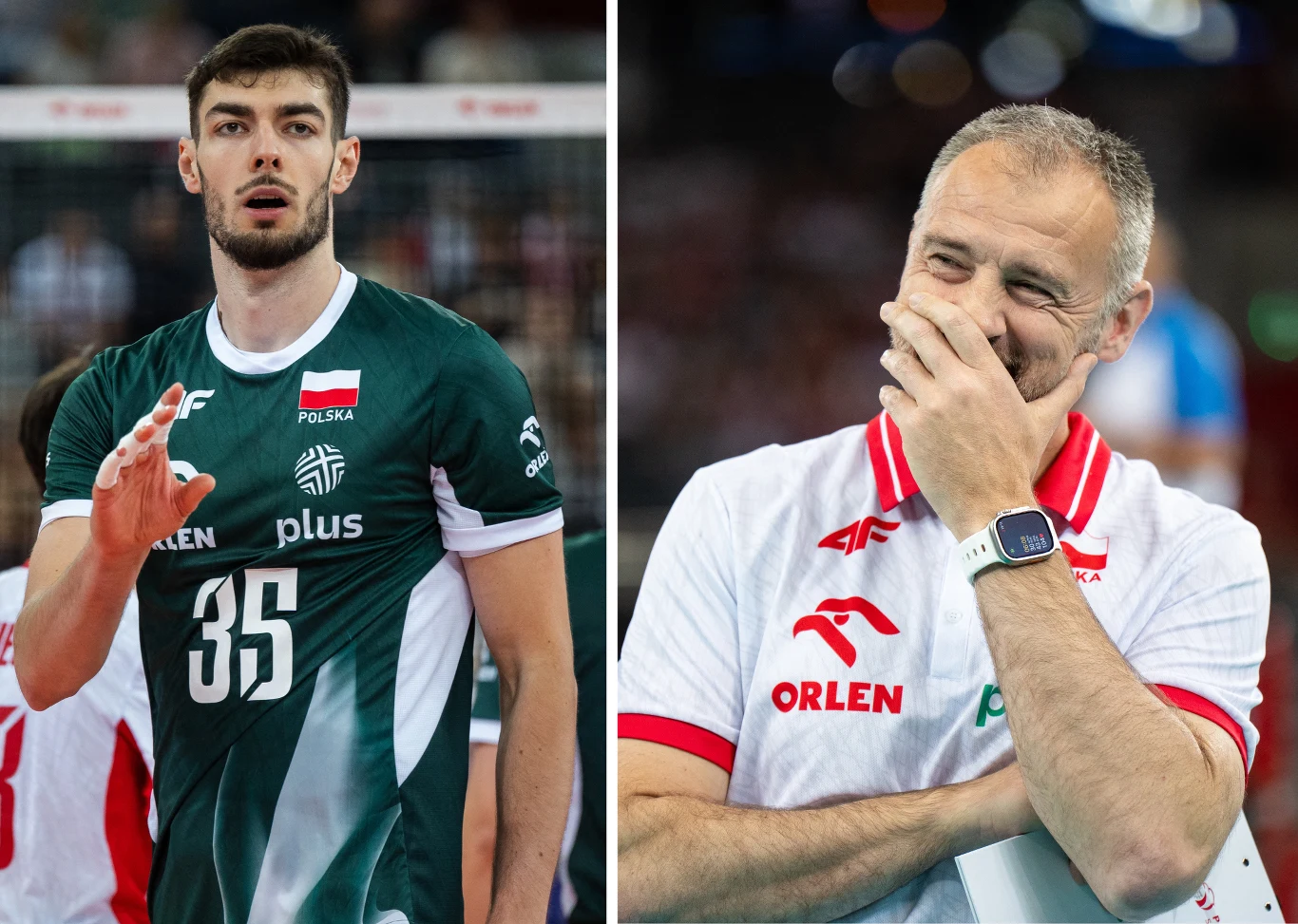 Reprezentacja Polski w siatkówce. Na zdjęciu Kewin Sasak oraz Nikola Grbić Z lewej strony sportowiec w zielono-białym stroju reprezentacji Polski siatkówki z numerem 35, z prawej mężczyzna w białej koszulce drużyny narodowej, uśmiechający się i trzymający dłoń przy twarzy