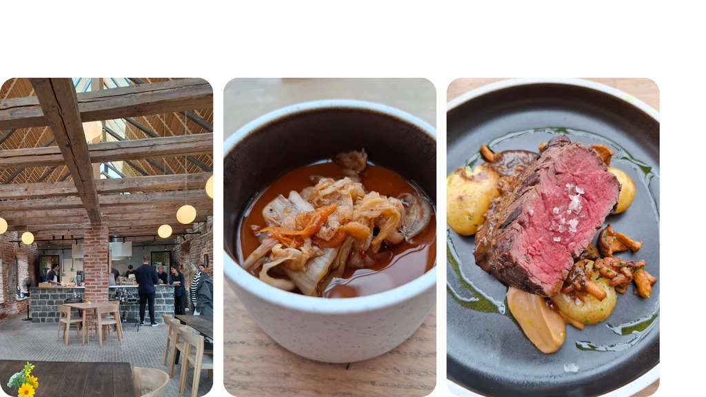 Przestronne wnętrze restauracji z drewnianymi belkami i ceglaną ścianą, miska z daniem na bazie kapusty i mięsa oraz talerz ze stekiem z ziemniakami i grzybami.
