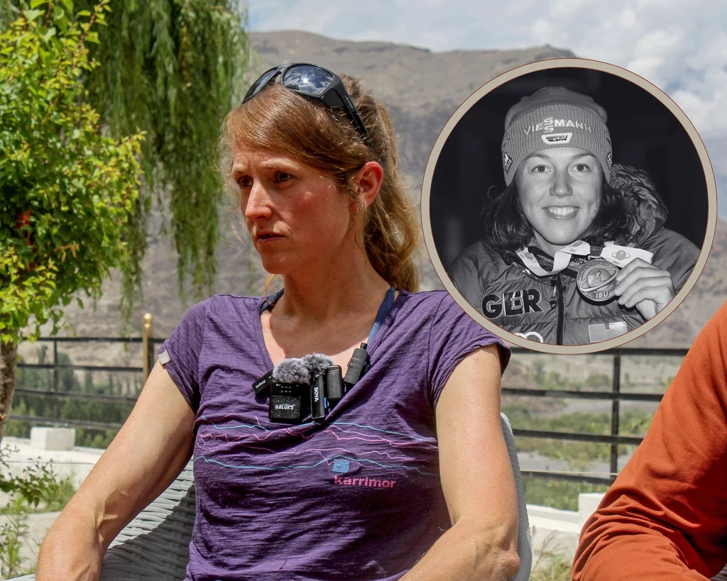 Marina Krauss na konferencji prasowej w Skardu. W ramce Laura Dahlmeier Marina Krauss na konferencji prasowej w Skardu. W ramce Laura Dahlmeier