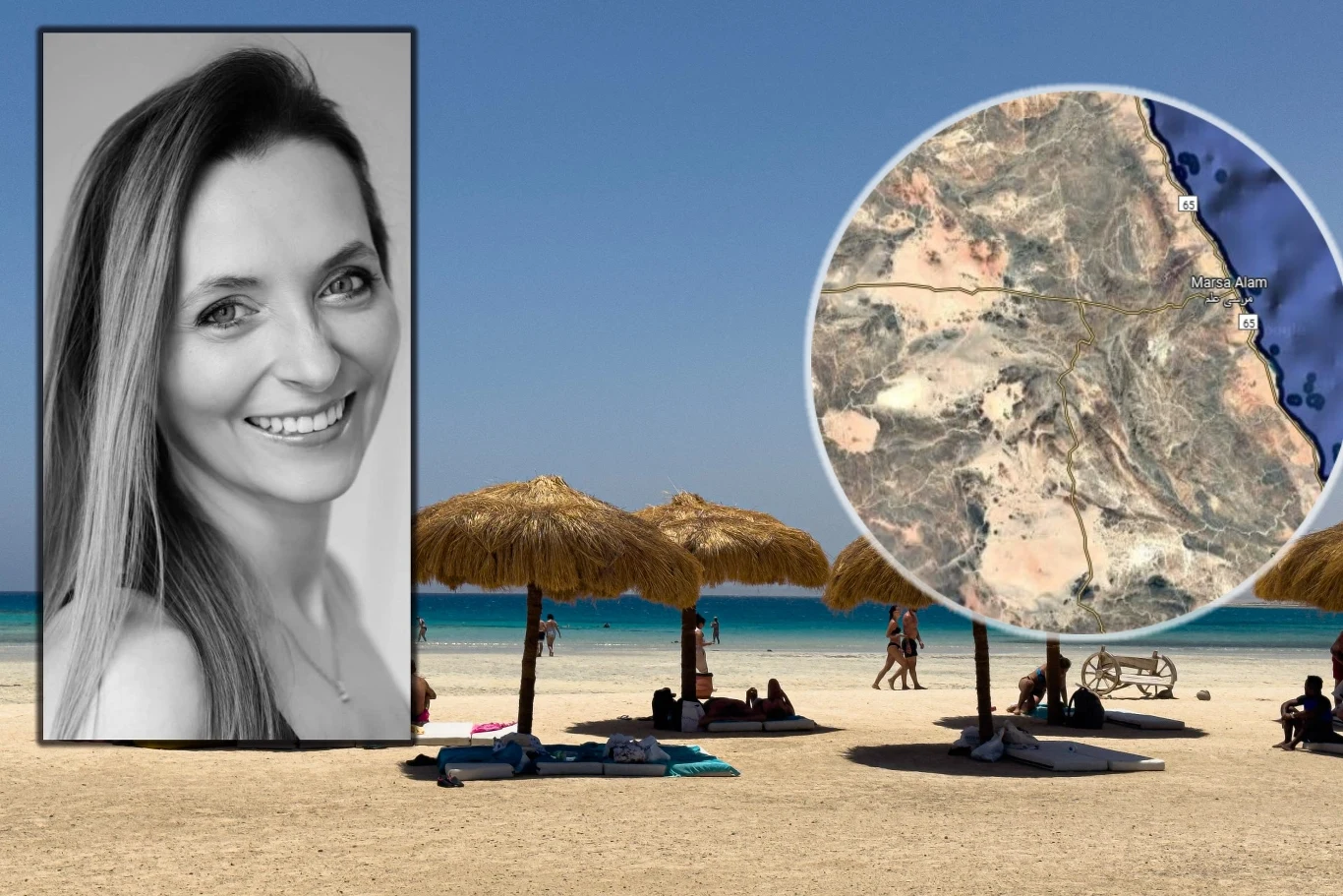Polska lekarka i jej syn zginęli w wypadku w Egipcie Słoneczna plaża z leżakami i parasolami trzcinowymi, na których wypoczywają ludzie. Po lewej stronie znajduje się czarno-białe zdjęcie uśmiechniętej kobiety, a po prawej widać fragment mapy satelitarnej przedstawiający linię brzegową.